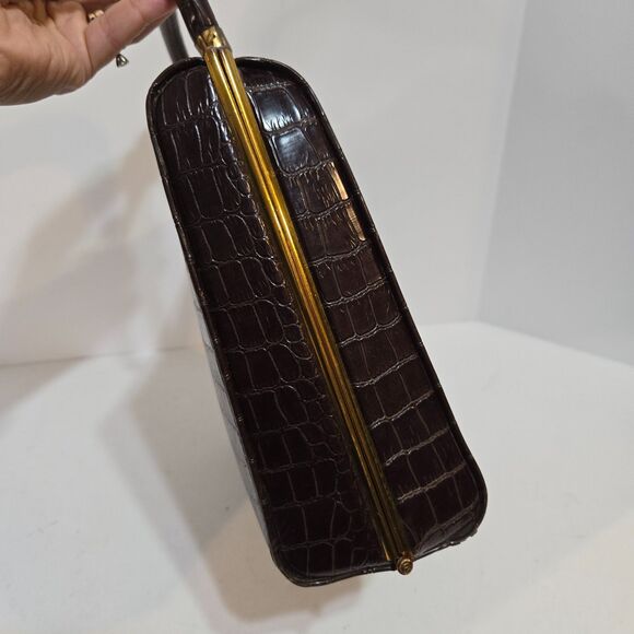 Vtg 50's Womens Handbag Faux Crocodile Embossed Satchel Gold Clasp Top Handle - Picture 3 of 12